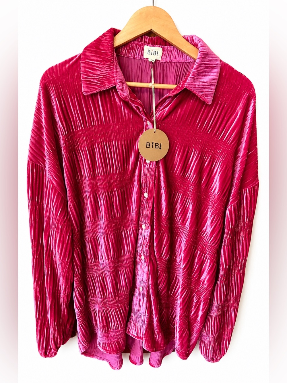 NWT-BiBi Hot Pink Crushed Velvet Button Down Blouse- Size large